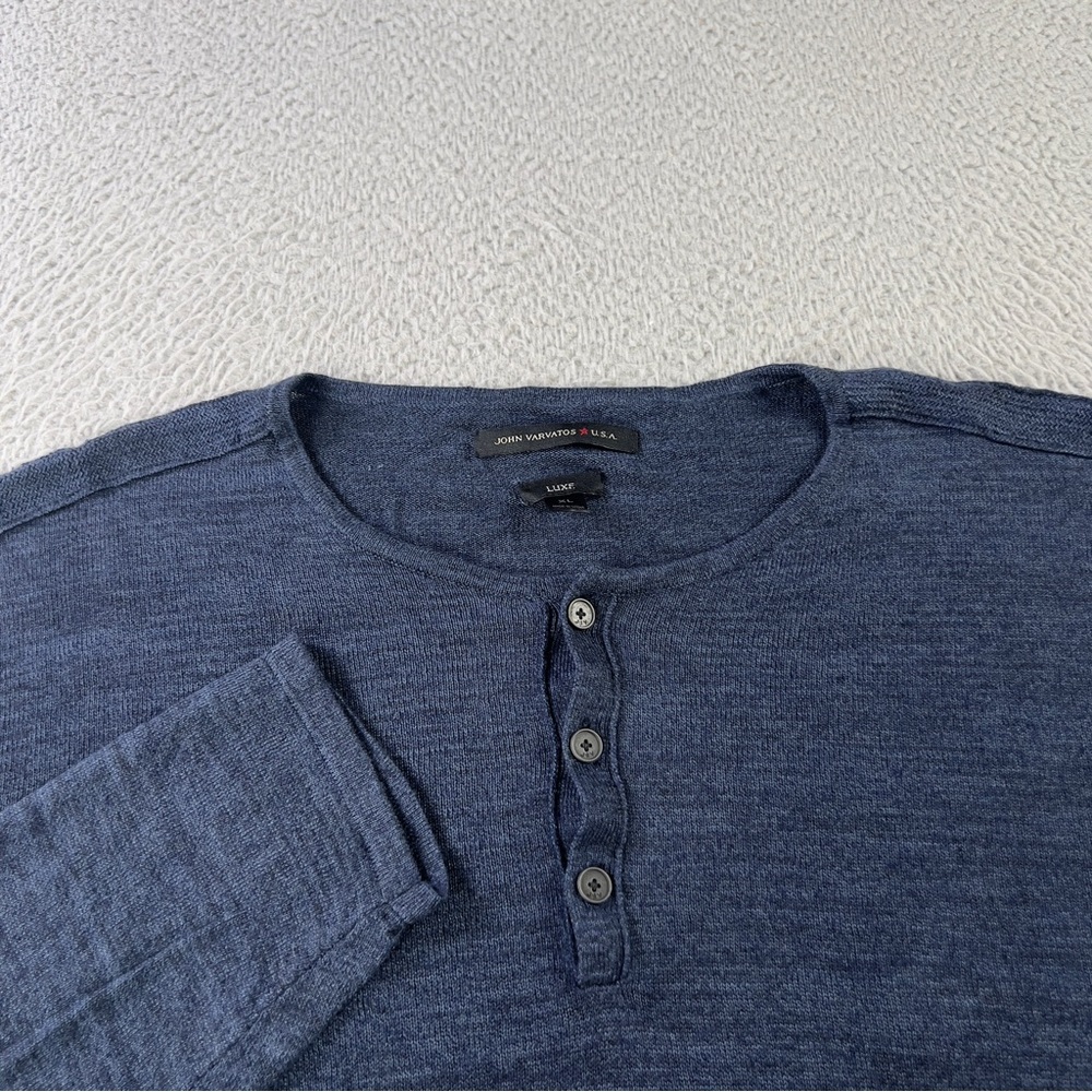 John Varvatos Luxe Sweater Mens XL Blue Linen Blend Button Henley Long Sleeve